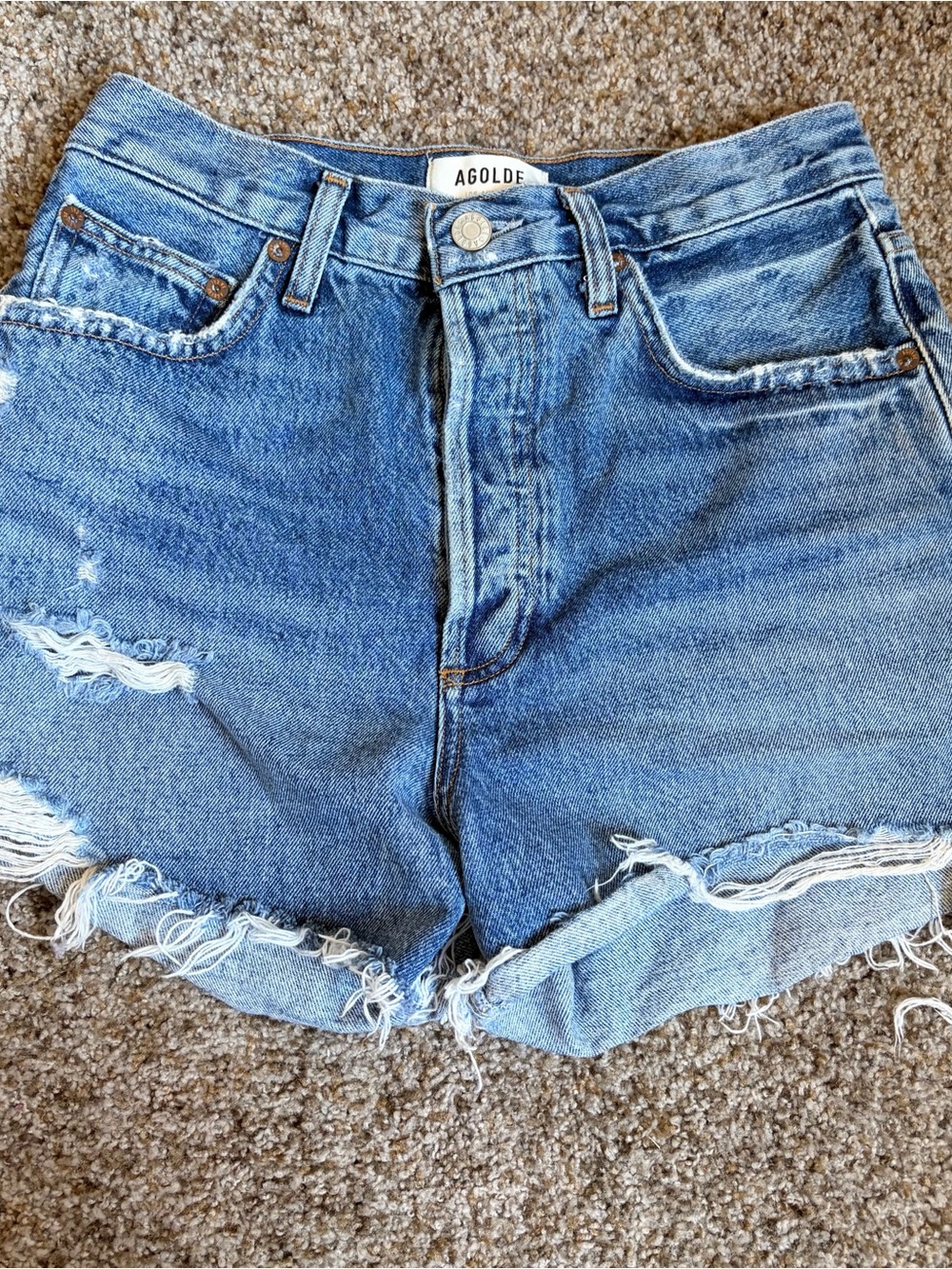 Agolde Light Blue Distressed Rolled Hem Jean Shorts